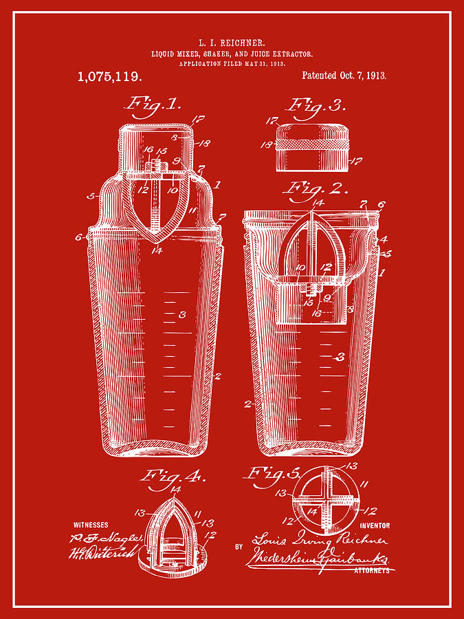 1913 Cocktail Shaker Red Patent Print  Drawing by Greg Edwards