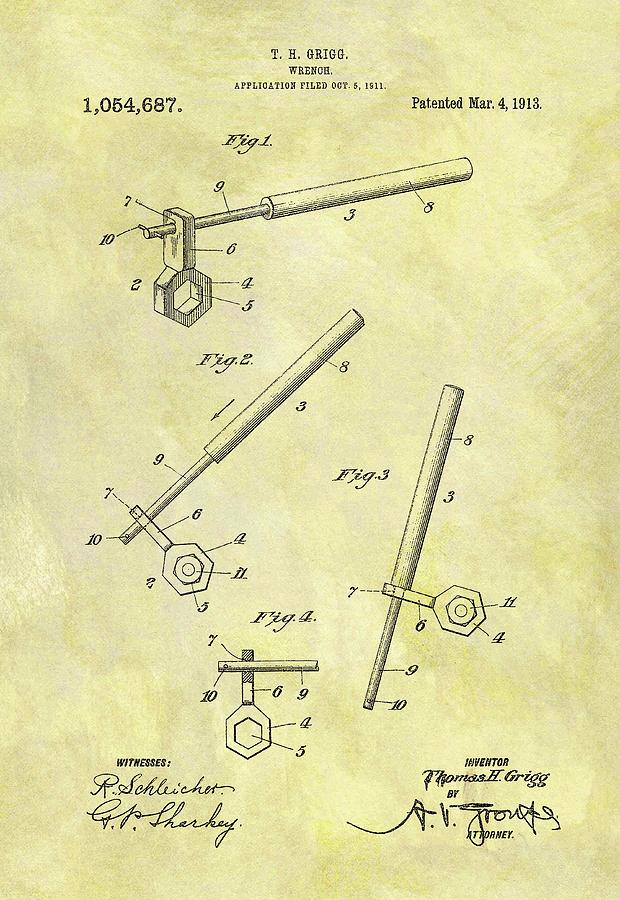 Wrench Drawing - 1913 Wrench Patent by Dan Sproul