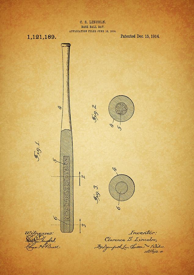 1914 Baseball Bat Patent Drawing by Dan Sproul