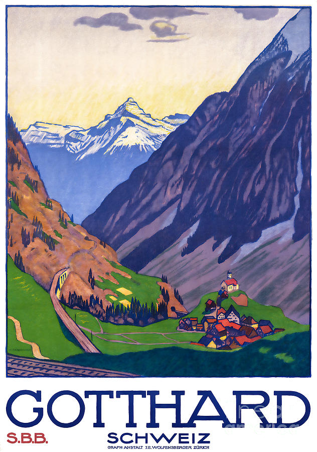 Mountain Painting - 1914 Gotthard, Switzerland travel poster by Lightworks