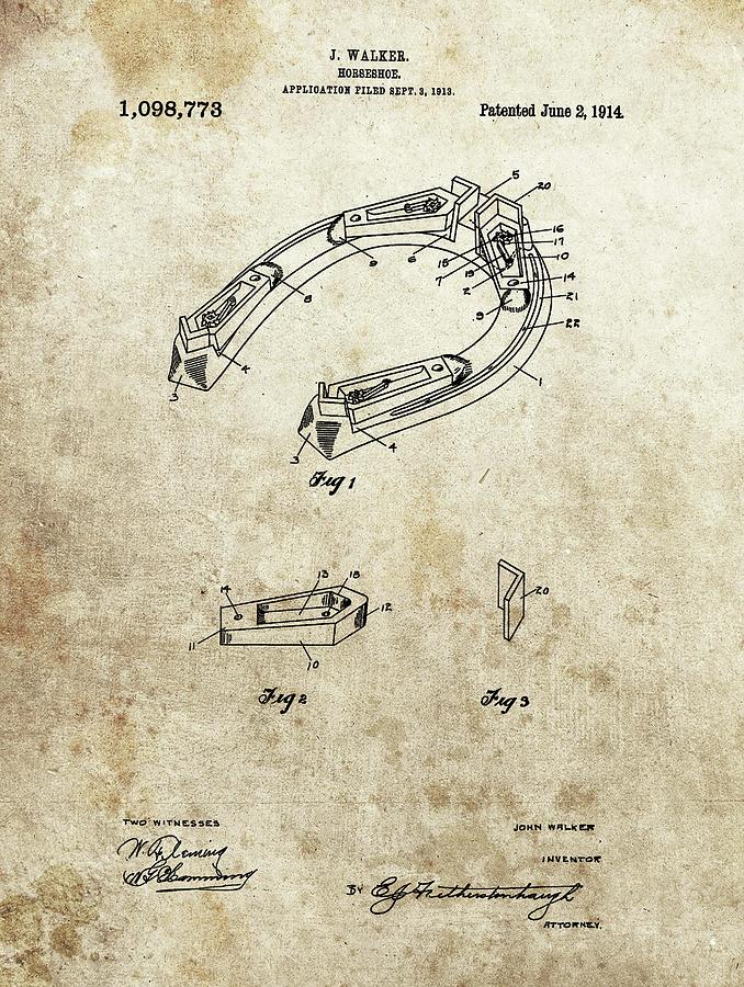 Horse Drawing - 1914 Horseshoe Patent by Dan Sproul