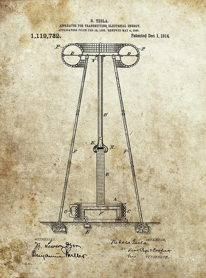 1914 Nikola Tesla Transmitter Patent Drawing by Dan Sproul - Fine Art ...