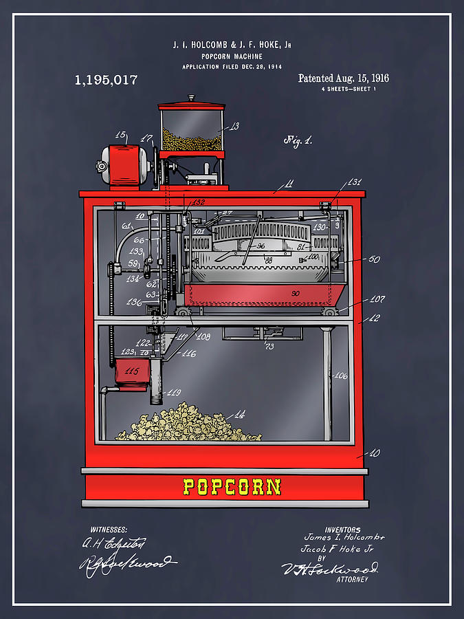 1914 Popcorn Machine Colorized Patent Print Blackboard Drawing By Greg Edwards Fine Art America