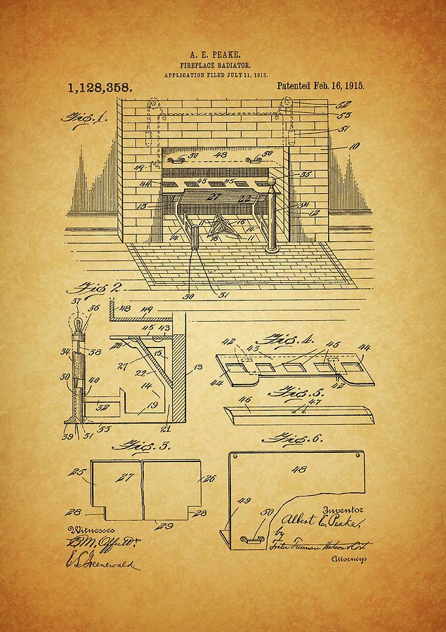 1915 Fireplace Radiator Patent Drawing by Dan Sproul