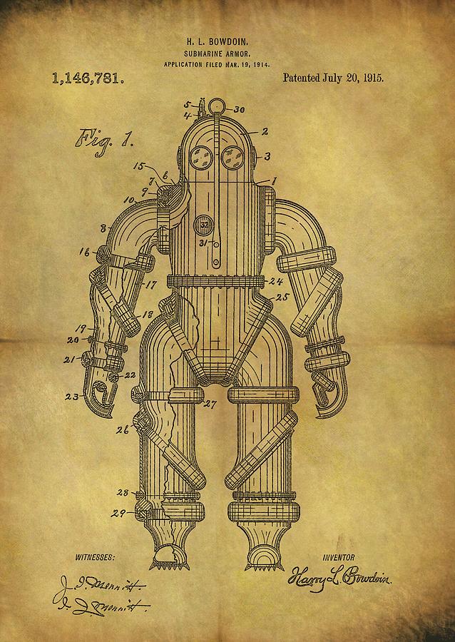 Leonardo Da Vinci Drawing - 1915 Submarine Suit Patent by Dan Sproul