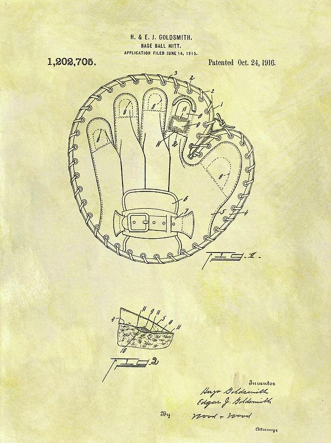 Baseball Drawing - 1916 Baseball Glove Patent by Dan Sproul