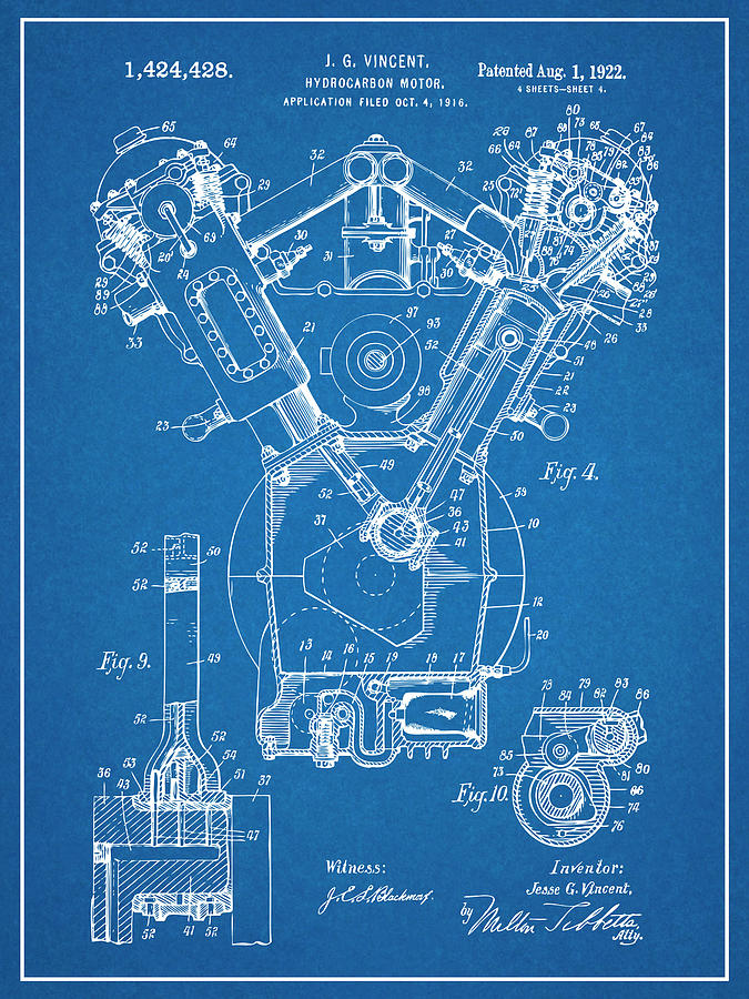 1916 Packard Hydrocarbon Motor Blueprint Patent Print Drawing by Greg Edwards