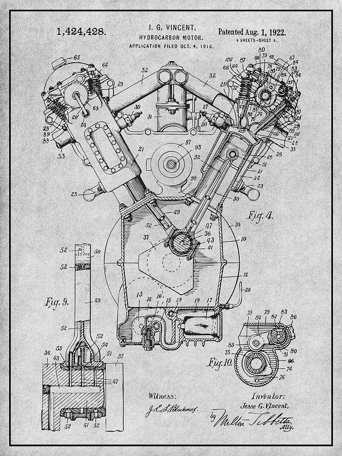 1916 Packard Hydrocarbon Motor Gray Patent Print Drawing by Greg Edwards