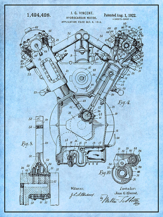 1916 Packard Hydrocarbon Motor Light Blue Patent Print  Drawing by Greg Edwards