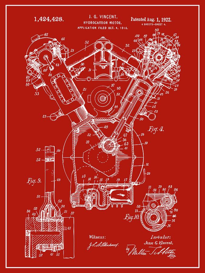 1916 Packard Hydrocarbon Motor Red Patent Print Drawing by Greg Edwards