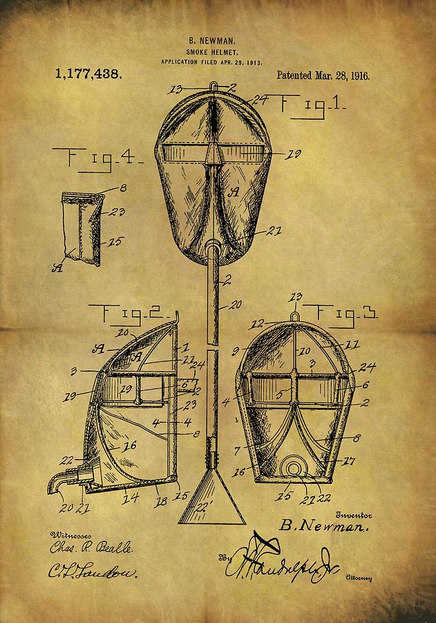Firemen Drawing - 1916 Smoke Helmet Patent by Dan Sproul