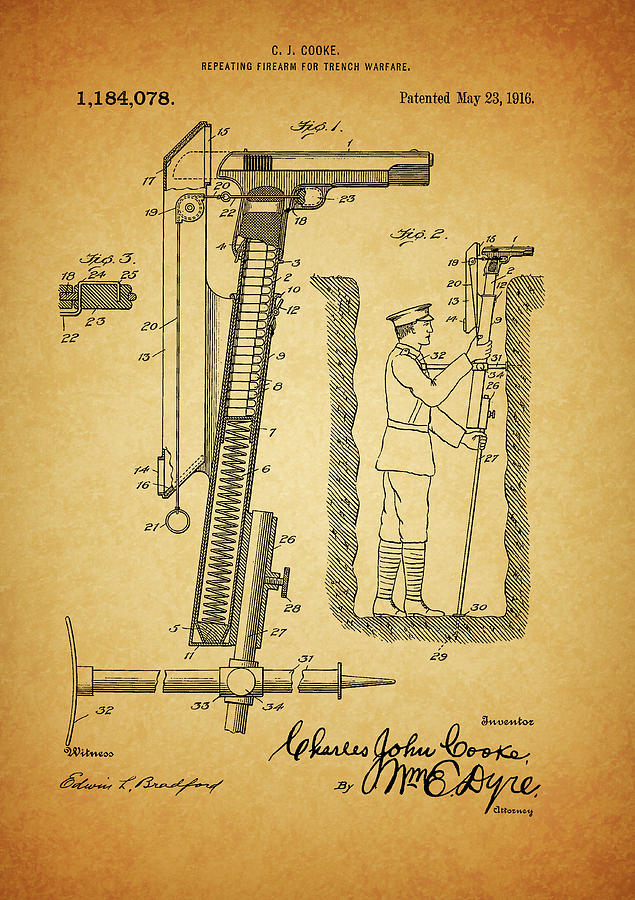 1916 Trench Gun Patent Drawing by Dan Sproul