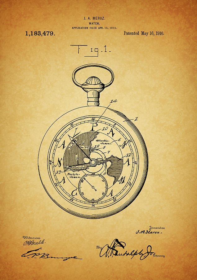 Clock Drawing - 1916 Watch Patent by Dan Sproul