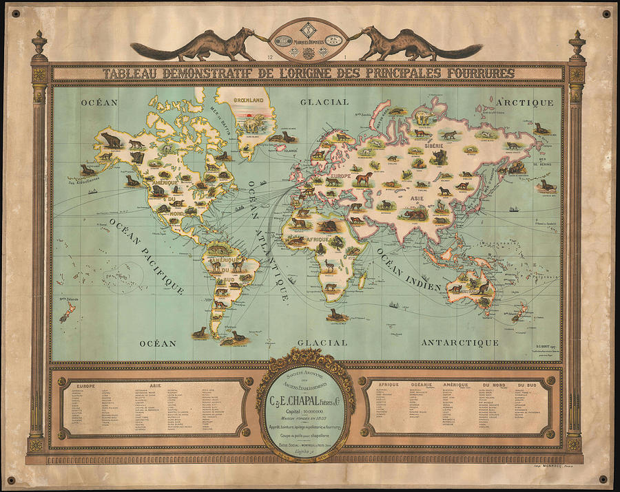 1917 Pictorial Map Of The World - Tableau Demonstratif De Lorigine Des Principales Fourrures Painting