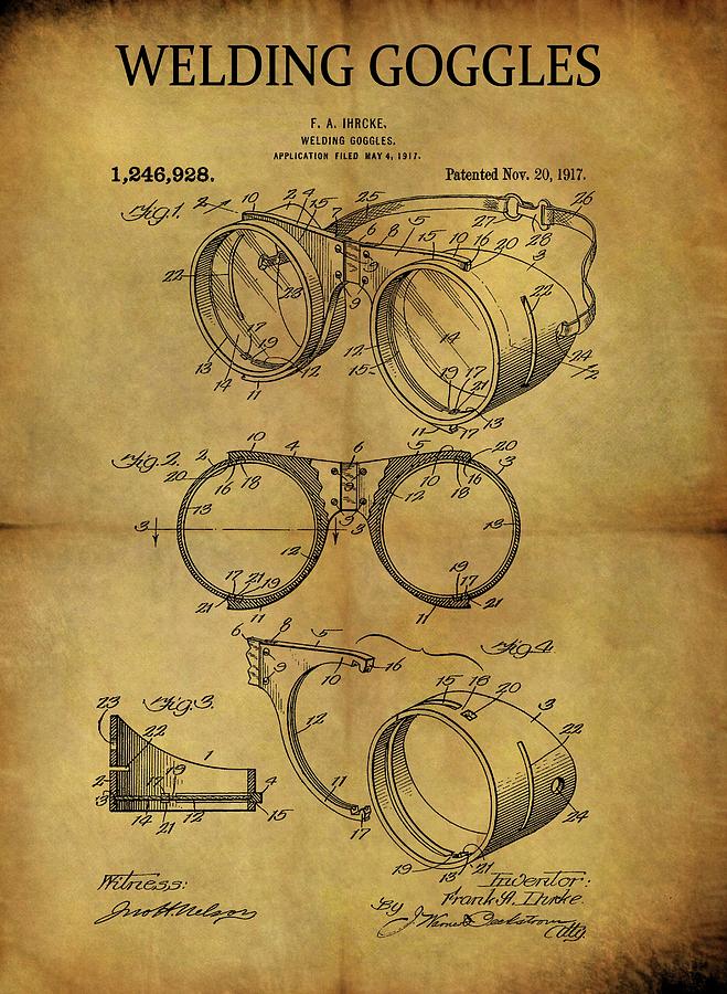 Welding Goggles Drawing - 1917 Welding Goggles Patent by Dan Sproul