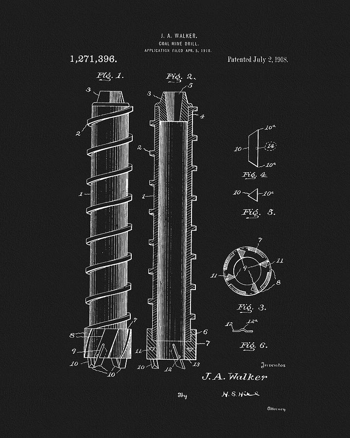 1918 Coal Mine Drill Patent Drawing by Dan Sproul
