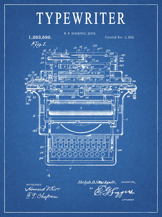 1918 Typewriter Patent Drawing by Dan Sproul