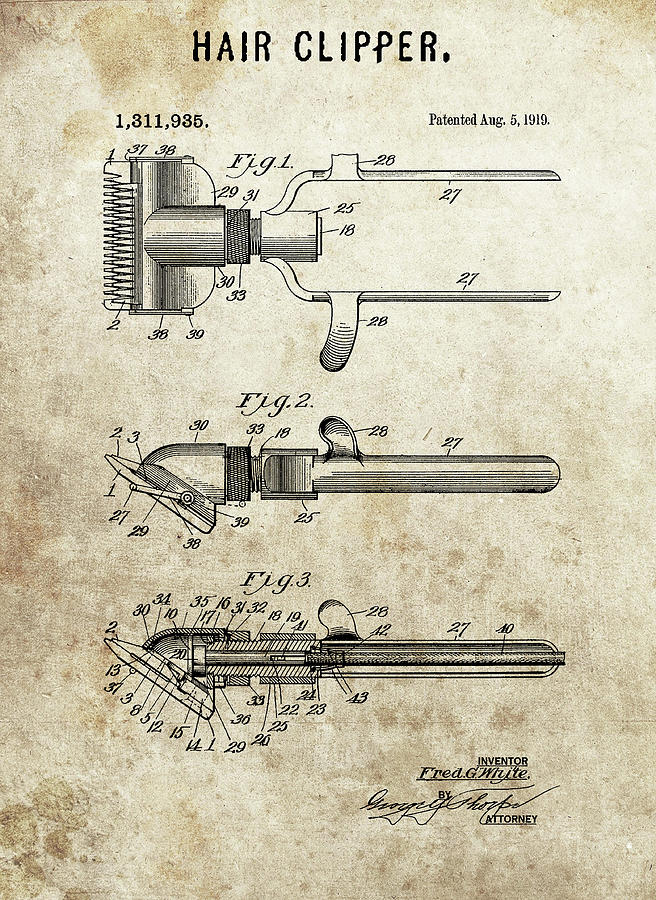 Hair Trimmer Drawing - 1919 Hair Clipper Patent by Dan Sproul