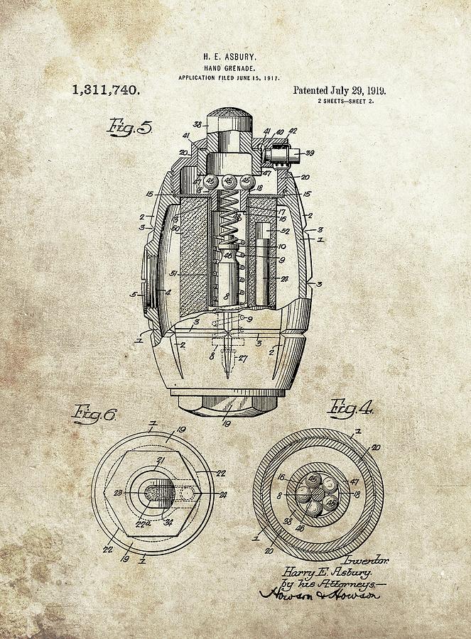 Grenade Drawing - 1919 Hand Grenade Patent by Dan Sproul