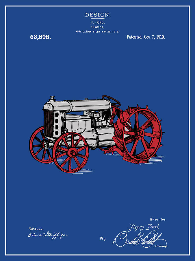 1919 Henry Ford Antique Tractor Colorized Dark Blue Patent Print