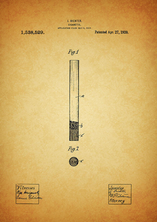 Tobacco Drawing - 1920 Cigarette Patent by Dan Sproul