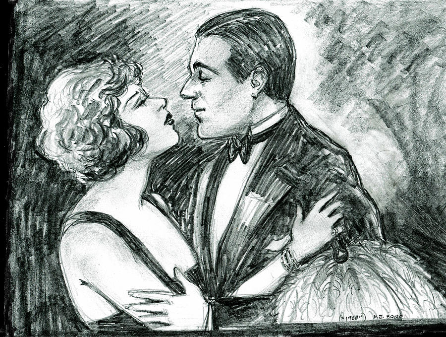 Vintage Drawing - 1920 Couple Black and White by Mel Thompson