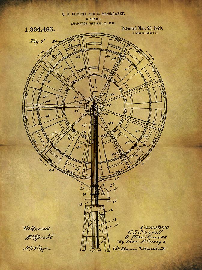 Old Windmill Drawing - 1920 Farm Windmill Patent by Dan Sproul