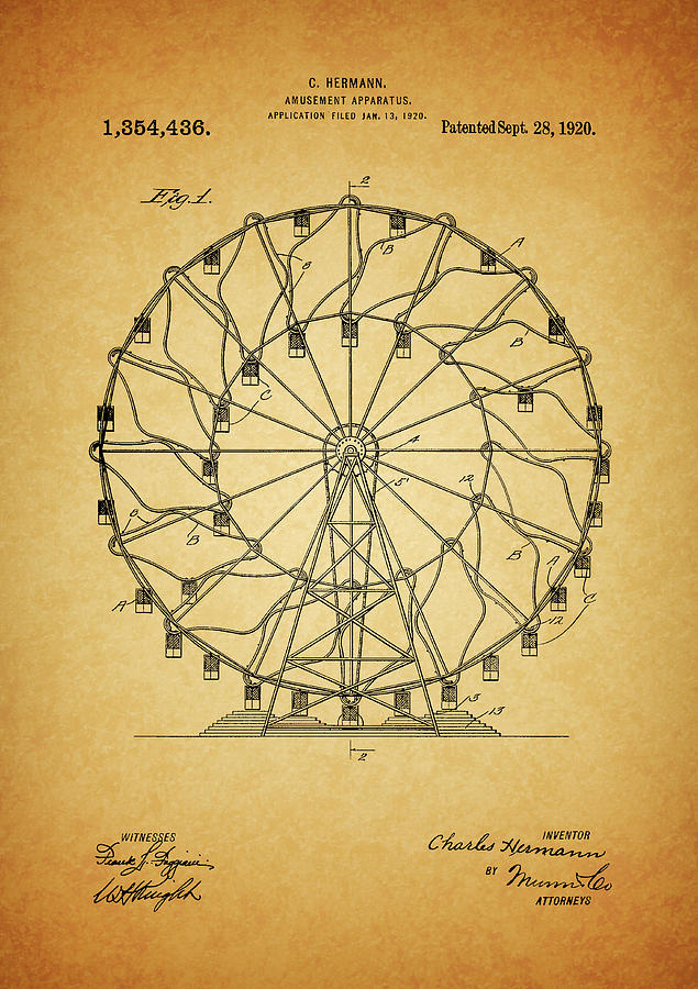 Ferris Wheel Drawing - 1920 Ferris Wheel Patent by Dan Sproul