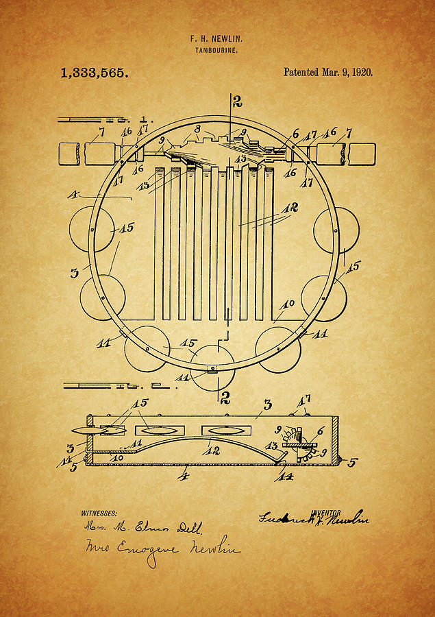 1920 Tambourine Patent Drawing by Dan Sproul
