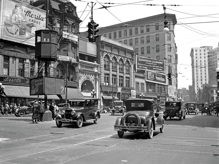 1920s automobile and pedestrian traffic busy five points intersection in Atlanta Georgia USA  Photograph by Panoramic Images