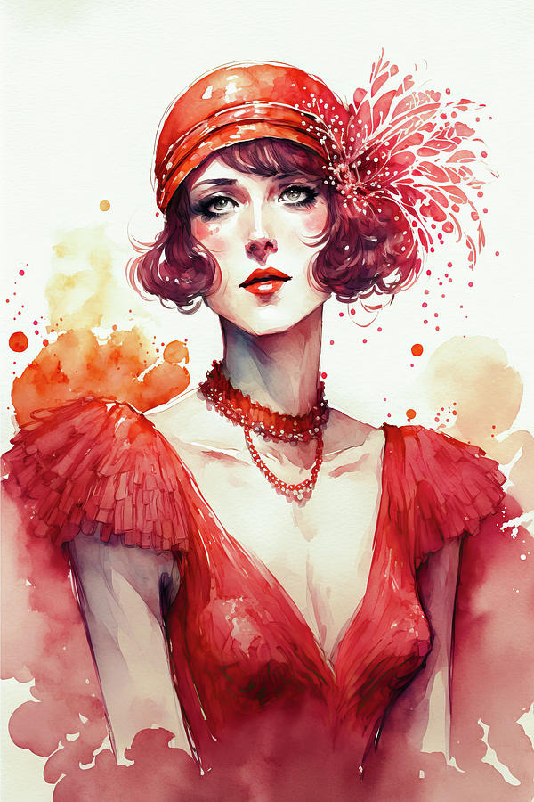 1920s Flapper Woman In Red Dress 01 Digital Art
