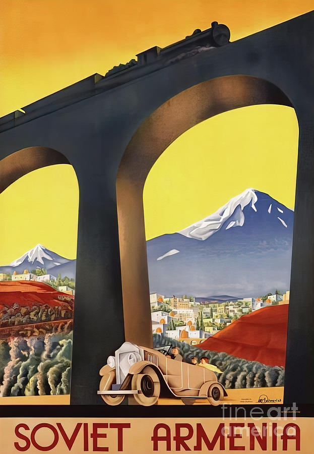 1935 Soviet Armenia tourist poster featuring vintage auto and locomotive bridge Mixed Media by Sergey Igumnov