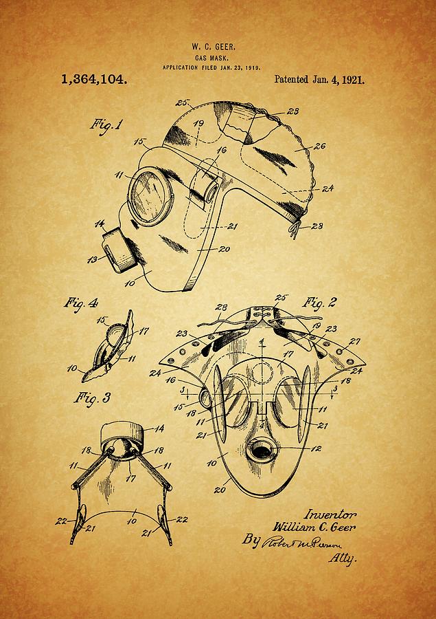 Gas Mask Drawing - 1921 Gas Mask Patent by Dan Sproul