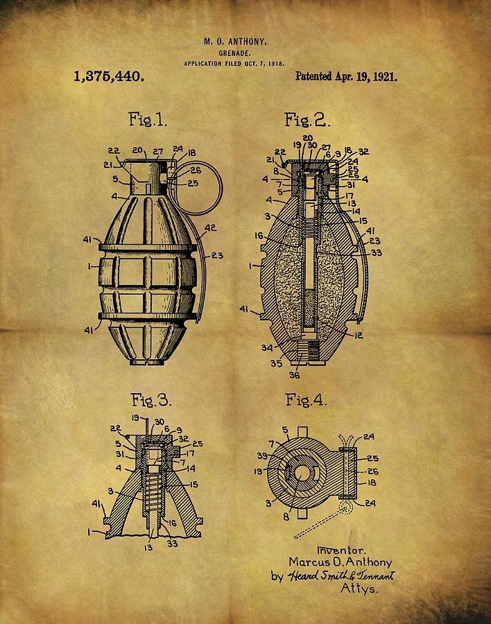 Grenade Drawing - 1921 Grenade Patent by Dan Sproul