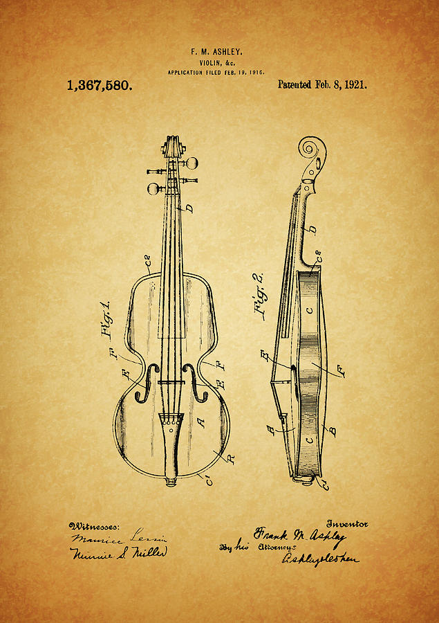 1921 Violin Patent Drawing by Dan Sproul