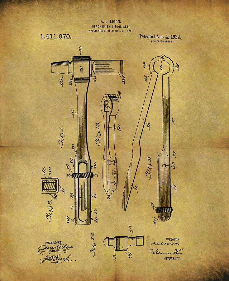 Tool Drawing - 1922 Blacksmiths Tools Patent by Dan Sproul