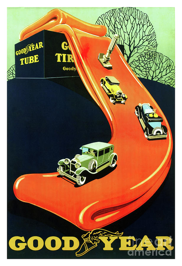 1927 Goodyear Tire Tube Poster Featuring Auburn and other Vintage Cars. Painting by Retrographs