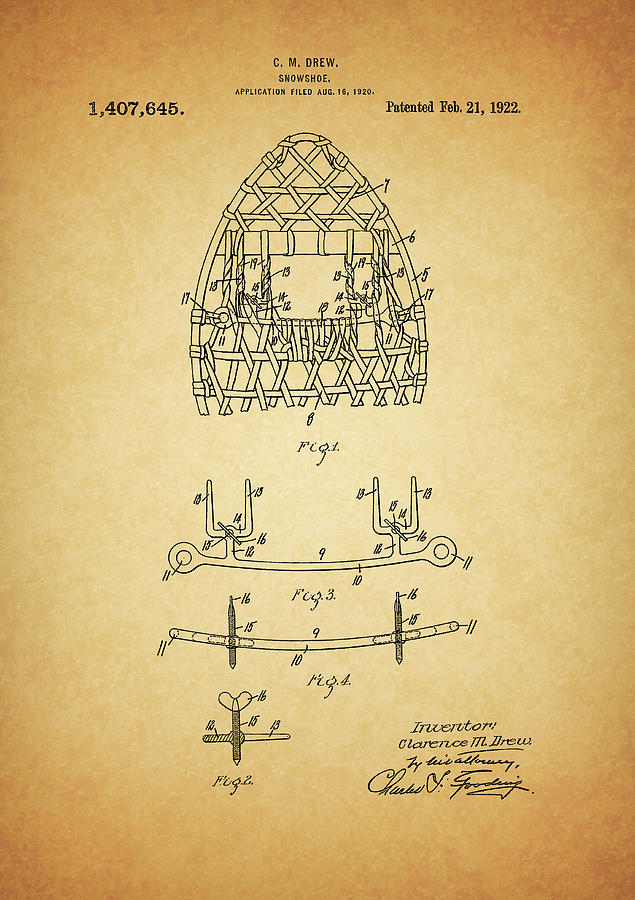 1922 Snowshoe Patent Design Drawing by Dan Sproul