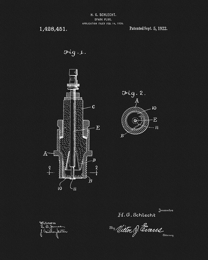 1922 Spark Plug Patent Drawing by Dan Sproul