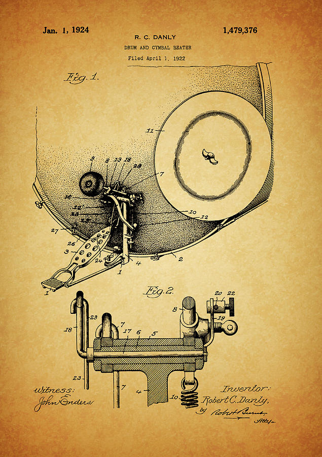 1924 Drum Beater Patent Drawing by Dan Sproul
