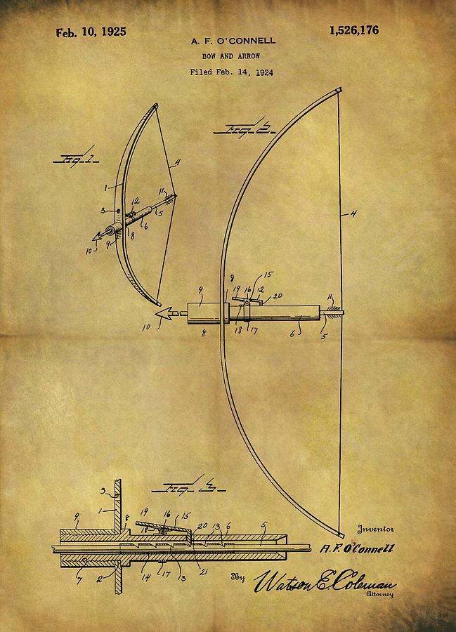 Arrow Drawing - 1925 Bow And Arrow Patent by Dan Sproul