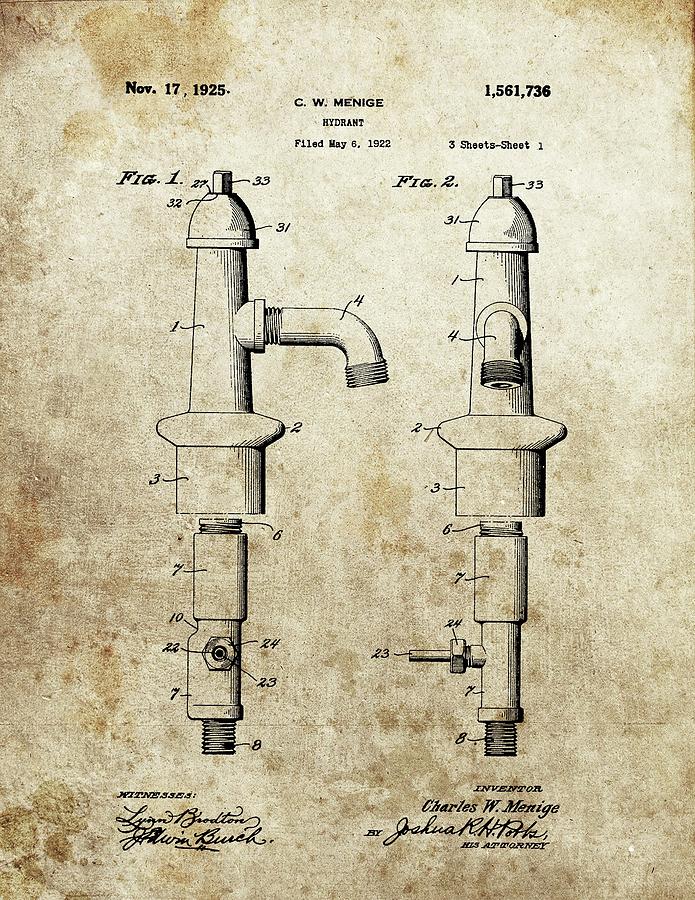 1925 Fire Hydrant Patent Drawing by Dan Sproul