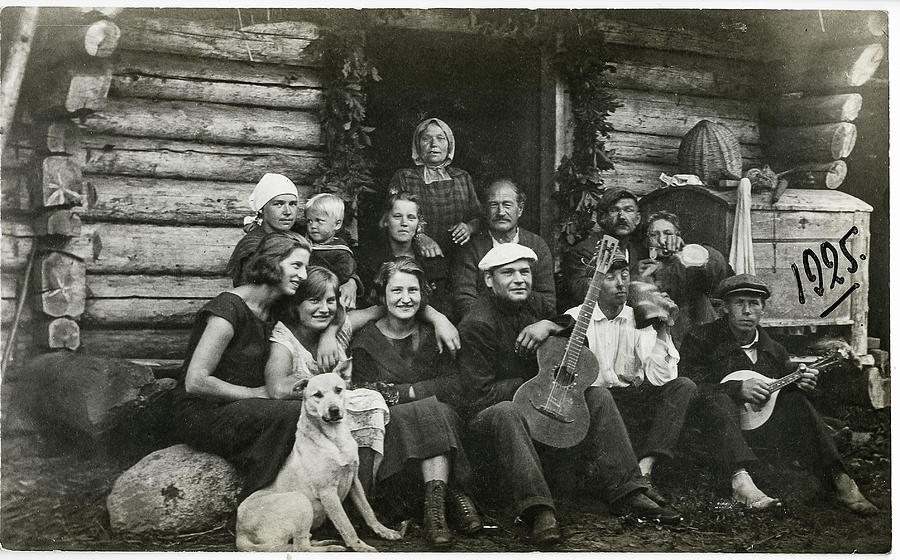 1925 Group In Front Of A Log Cabin With Two Musicians Estonia Painting