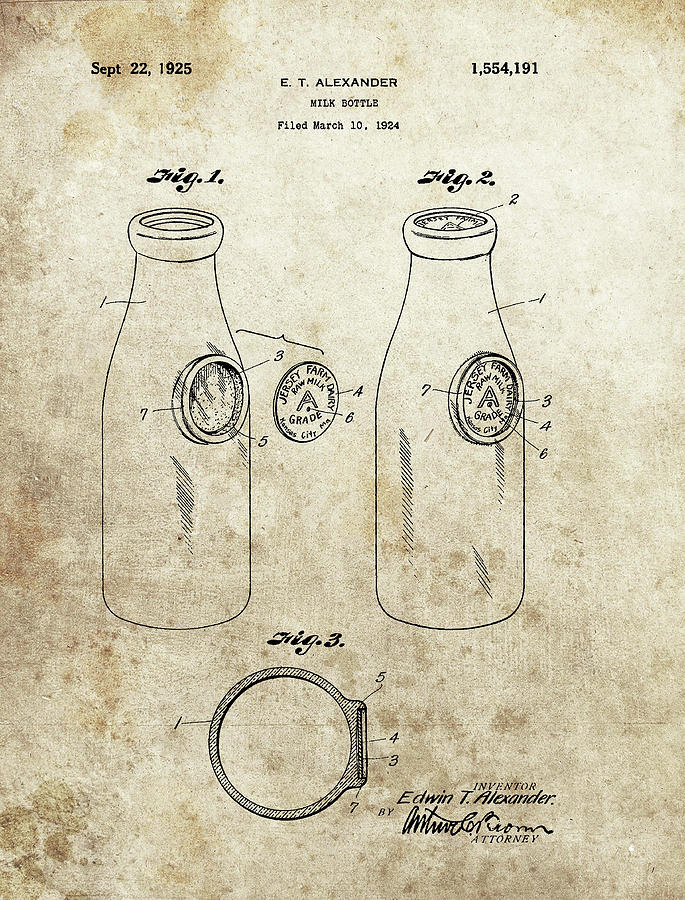Vintage Drawing - 1925 Milk Bottle Patent by Dan Sproul