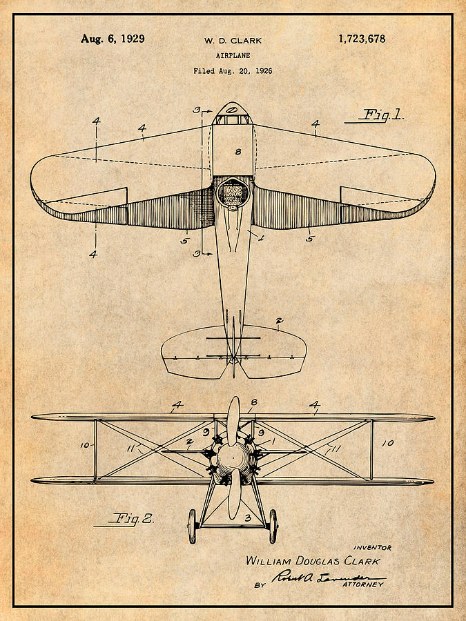 1926 Clark Airplane Patent Print Antique Paper Drawing by Greg Edwards