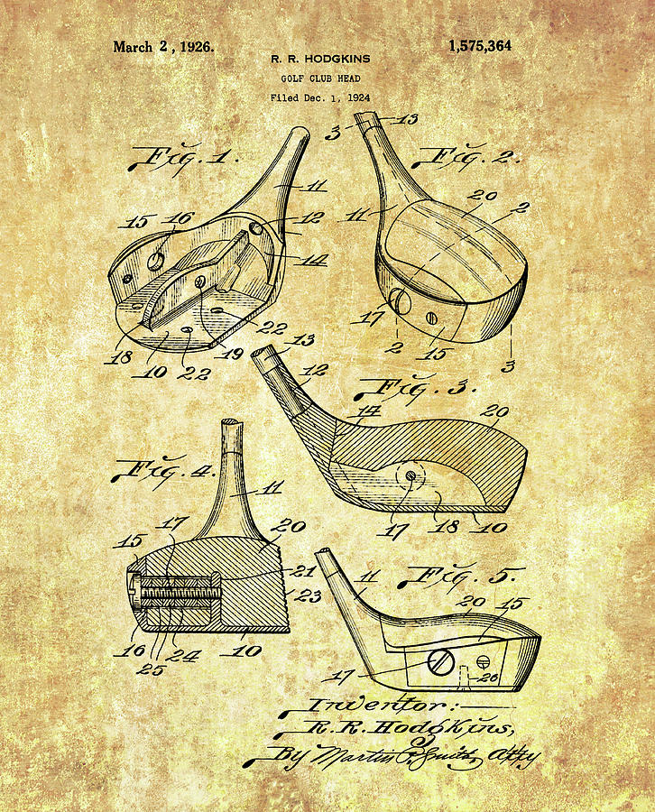Golf Club Head Drawing - 1926 Golf Club Patent Vintage Style by Dan Sproul