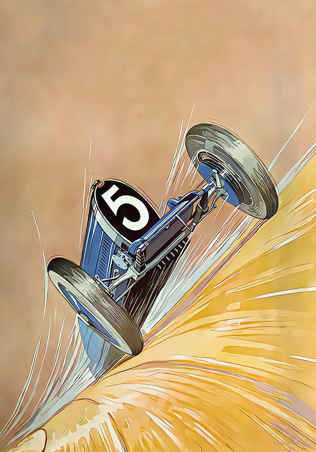 1927 Bugatti Type 35B dramatic speed perspective original french art deco illustration Painting by Roger Soubie