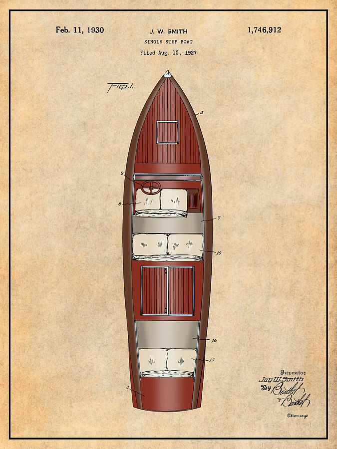 1927 Chris Craft Cadet Single Step Boat Colorized Patent Print Antique Paper Drawing by Greg Edwards