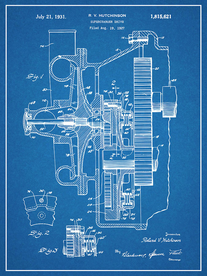 1927 Supercharger Drive Blueprint Patent Print  Drawing by Greg Edwards