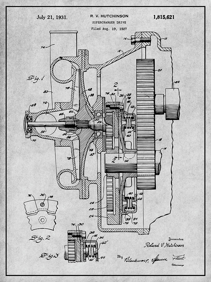 1927 Supercharger Drive Gray Patent Print Drawing by Greg Edwards